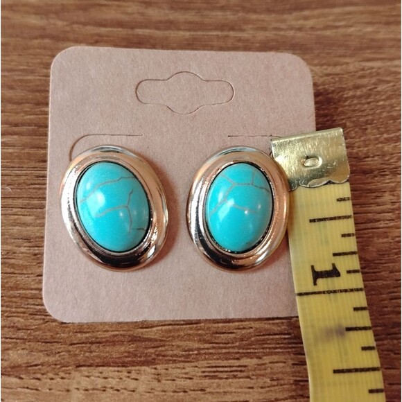 oval shape earrings gold light blue post studs statement jewelry minimalist - Picture 3 of 3